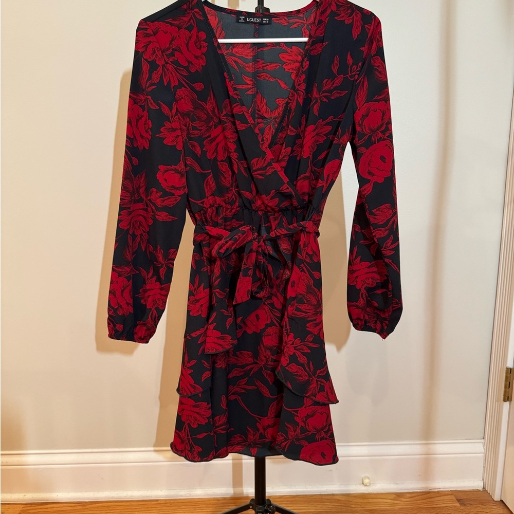 Women's Black Wrap Dress with Red Floral Print and Tie Waist
